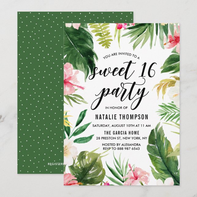 Vattenfärg Tropical Blommigt Ram Sweet 16 Party Inbjudningar (Fram/baksida)