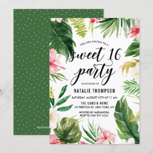 Vattenfärg Tropical Blommigt Ram Sweet 16 Party Inbjudningar