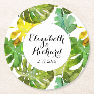 Vattenfärg Tropical Löv bröllop monogram Underlägg Papper Rund