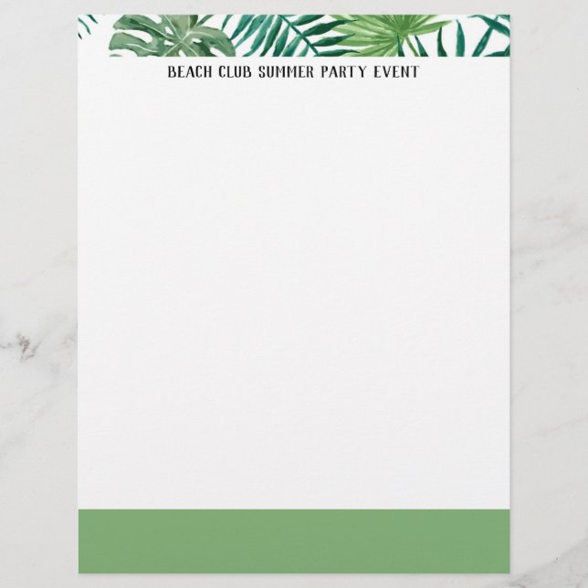 Vattenfärg Tropical Löv Grönt & White Letterhead Brevhuvud (Framsida)