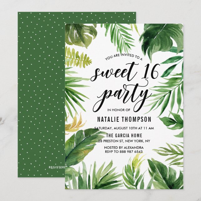 Vattenfärg Tropical Lövs Ram Sweet 16 Party Inbjudningar (Fram/baksida)