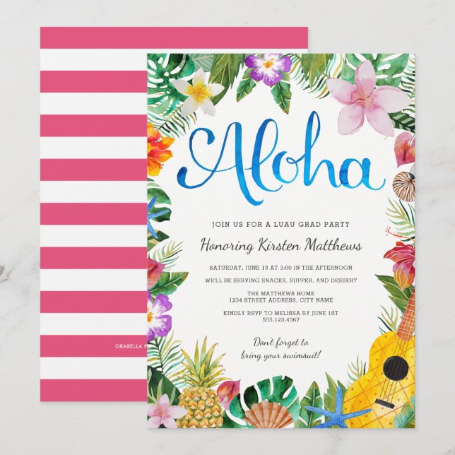 Vattenfärg Tropical Luau-utexamningsfest Inbjudan (Fram/baksida)