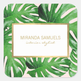 Vattenfärg Tropical Monstera Blad Mönster Rosa Fyrkantigt Klistermärke