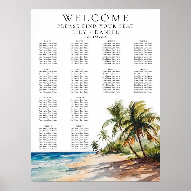Vattenfärg Tropical Strand Bröllop Placeringsplan Poster (Framsidan)