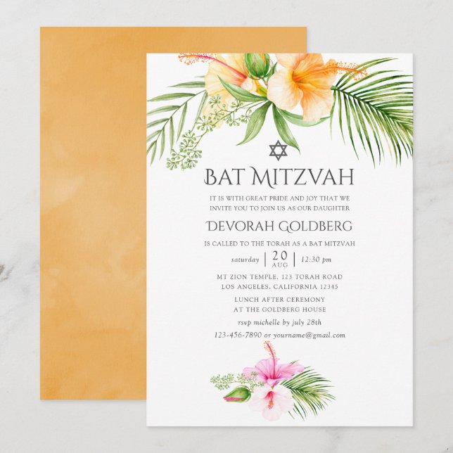 Vattenfärg Tropisk Blommig Bar Mitzvah Inbjudningar (Fram/baksida)