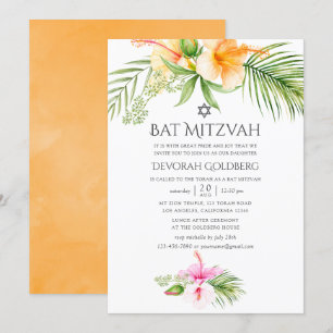 Vattenfärg Tropisk Blommig Bar Mitzvah Inbjudningar