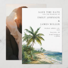 Vattenfärg Tropisk Palmstrand Bröllopsfoto Spara Datumet
