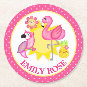 Vattenfärg Tropisk Sommar Flamingo & Papegoja Underlägg Papper Rund
