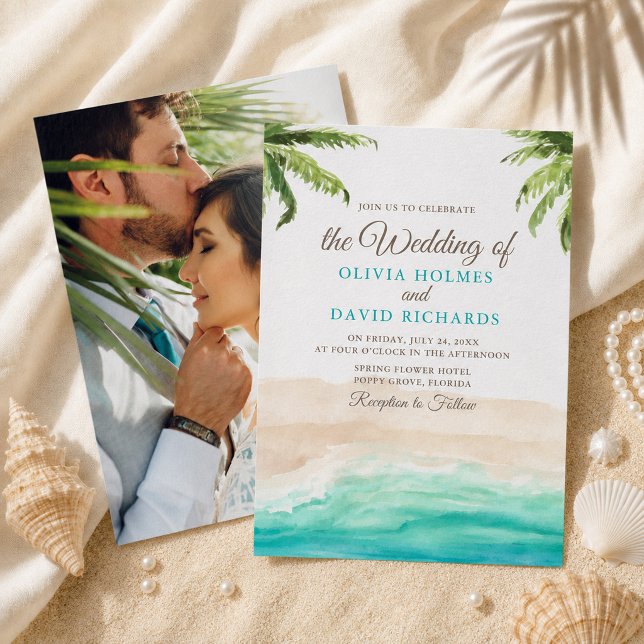 Vattenfärg Tropisk Strand Bröllopsfoto Inbjudningar (Watercolor Tropical Beach Couple Photo Wedding Invitation)