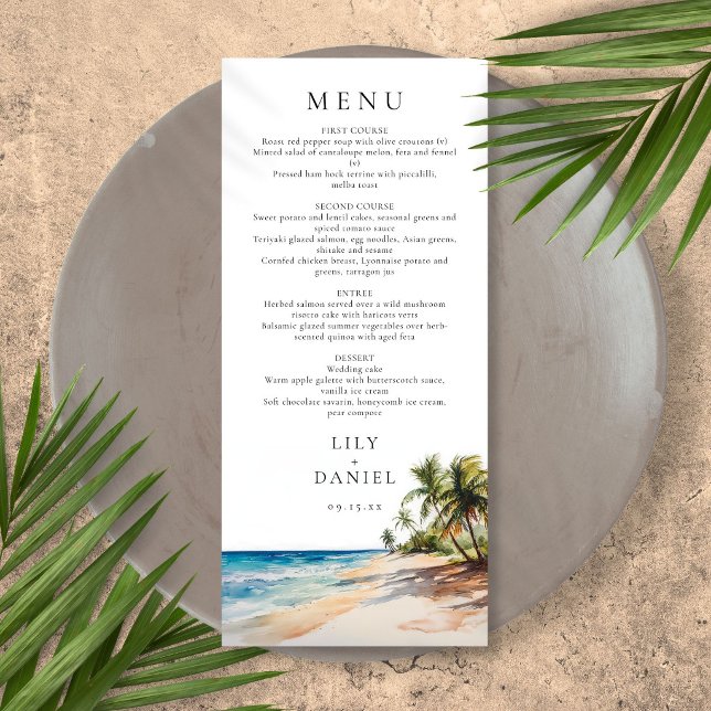Vattenfärg Tropisk Strand Destination Bröllop Meny (Watercolor Tropical Beach Destination Wedding Menu)