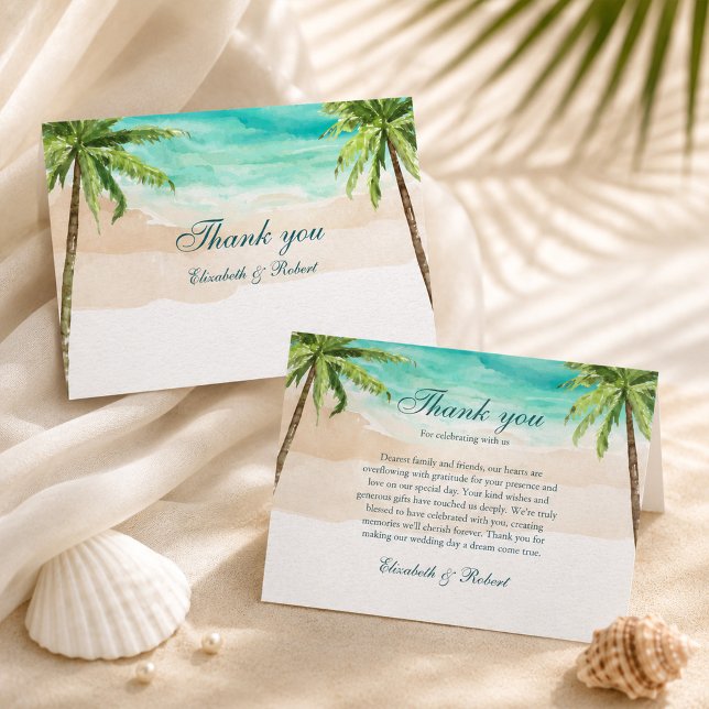 Vattenfärg Tropisk Strand och Palmträd Bröllop  Tack Kort (Watercolor Tropical Beach and Palm Trees Wedding Thank You Card)