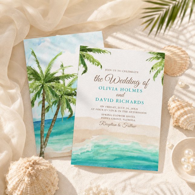 Vattenfärg Tropisk Strand & Palmträd Bröllop Inbjudningar (Watercolor Tropical Beach & Palm Trees Wedding Invitation)