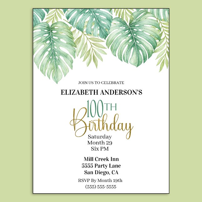 Vattenfärg Tropiska blad 100-årsdag Inbjudningar (Watercolor Tropical Leaves 100th Birthday Invitation For Women.)
