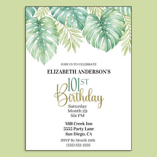 Vattenfärg Tropiska Blad 101-årsdag Inbjudningar (Watercolor Tropical Leaves 101st Birthday Invitation For Women.)