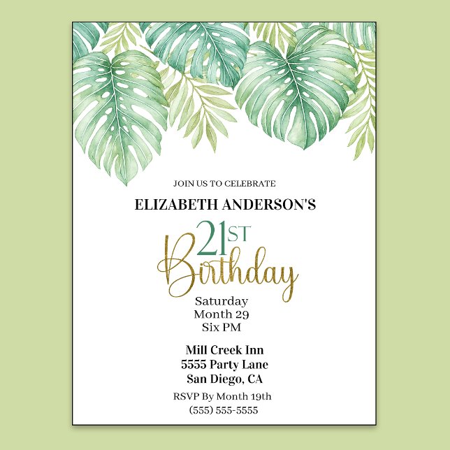 Vattenfärg Tropiska blad 21-årsdag Inbjudningar (Watercolor Tropical Leaves 21st Birthday Invitation For Women.)