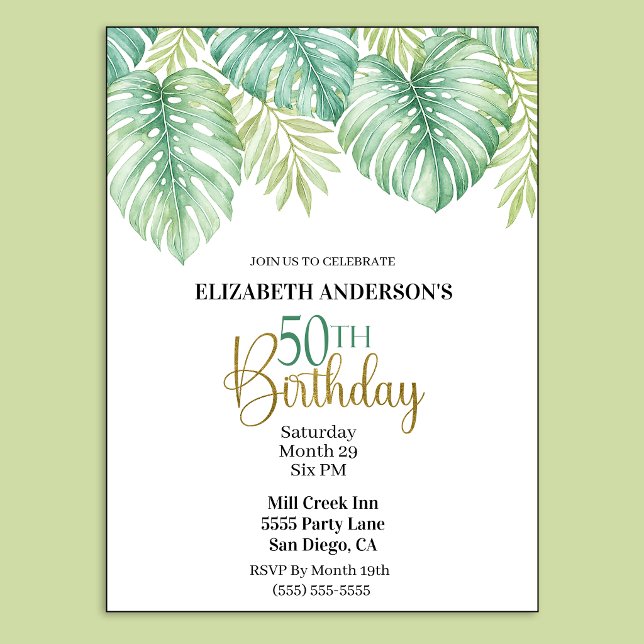Vattenfärg Tropiska blad 50-årsdag Inbjudningar (Watercolor Tropical Leaves 50th Birthday Invitation.)