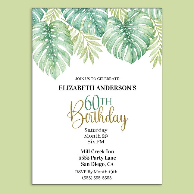 Vattenfärg Tropiska blad 60-årsdag Inbjudningar (Watercolor Tropical Leaves 60th Birthday Invitation.)