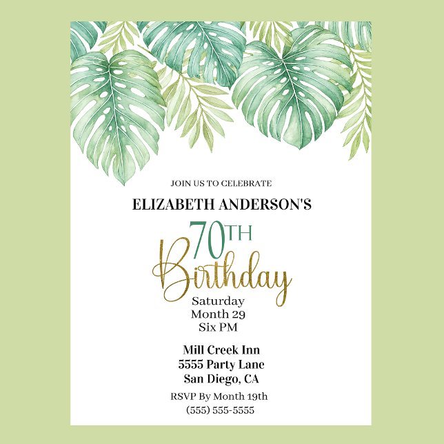 Vattenfärg Tropiska blad 70-årsdag Inbjudningar (Watercolor Tropical Leaves 70th Birthday Invitation For Women.)