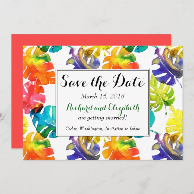 Vattenfärg Tropiska blad bröllop Spara datumet Inbjudningar (Fram/baksida)