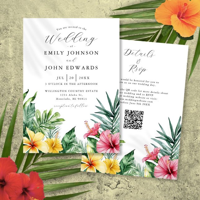 Vattenfärg Tropiska Blommor QR-kod Bröllop Inbjudningar (Watercolor Tropical Flowers QR Code Wedding Invitation)
