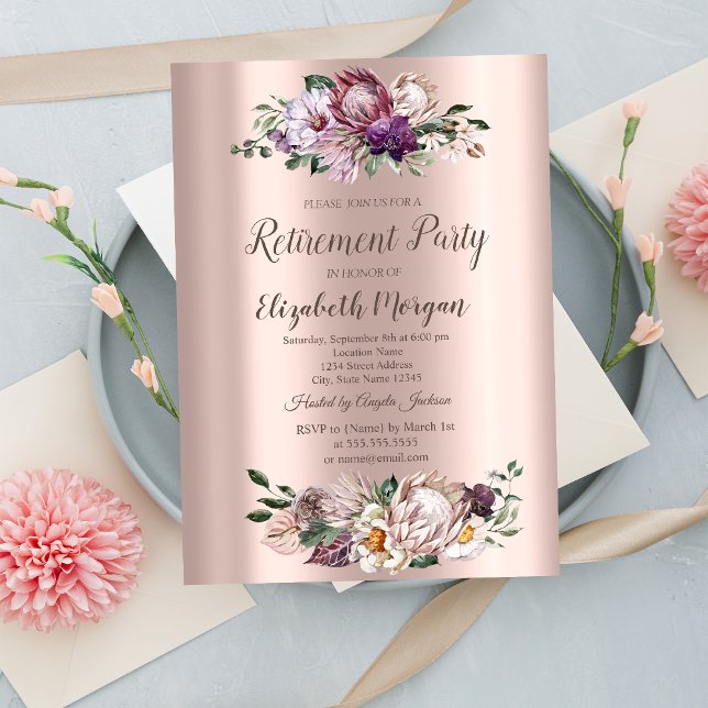 Vattenfärg Tropiska Blommor, Roséguld Pensionering Inbjudningar (Skapare uppladdad)