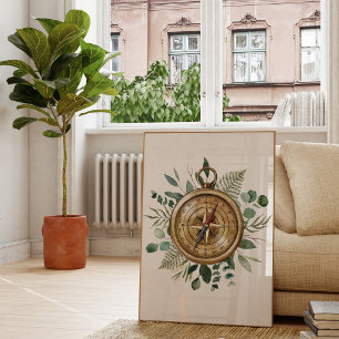 Vattenfärg Tropiska Gröna Blad Natur Kompass Poster