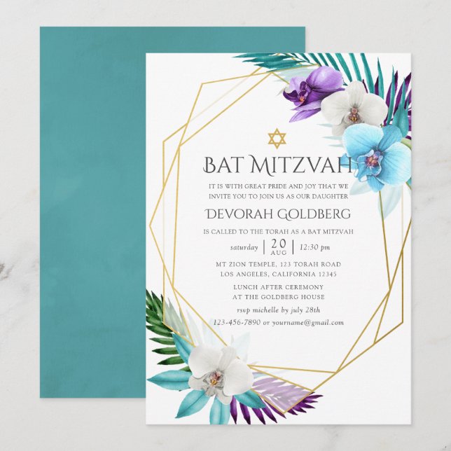 Vattenfärg Tropiska Orkidéer Geometrisk Bat Mitzva Inbjudningar (Fram/baksida)