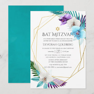 Vattenfärg Tropiska Orkidéer Geometrisk Bat Mitzva Inbjudningar