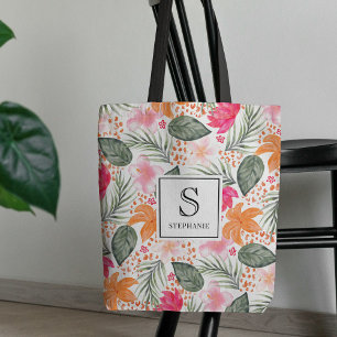 Vattenfärg Tropiskt Blommönster Chic Monogram Tygkasse