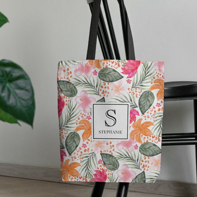 Vattenfärg Tropiskt Blommönster Chic Monogram Tygkasse (Skapare uppladdad)