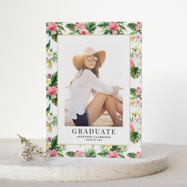 Vattenfärg Tropiskt Mönster Foto Examen Meddelande (Customizable photo graduation announcement featuring watercolor tropical pattern)