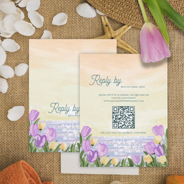 Vattenfärg Tulpan Vår QR-kod Bröllopsvar Av OSA Kort (Watercolor Tulip Spring QR Code Wedding reply By RSVP Card)