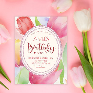 Vattenfärg tulpaner blomma födelsedag inbjudningar