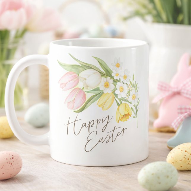 Vattenfärg Tulpaner & Narcisser Glad Påsk  Kaffemugg (Skapare uppladdad)