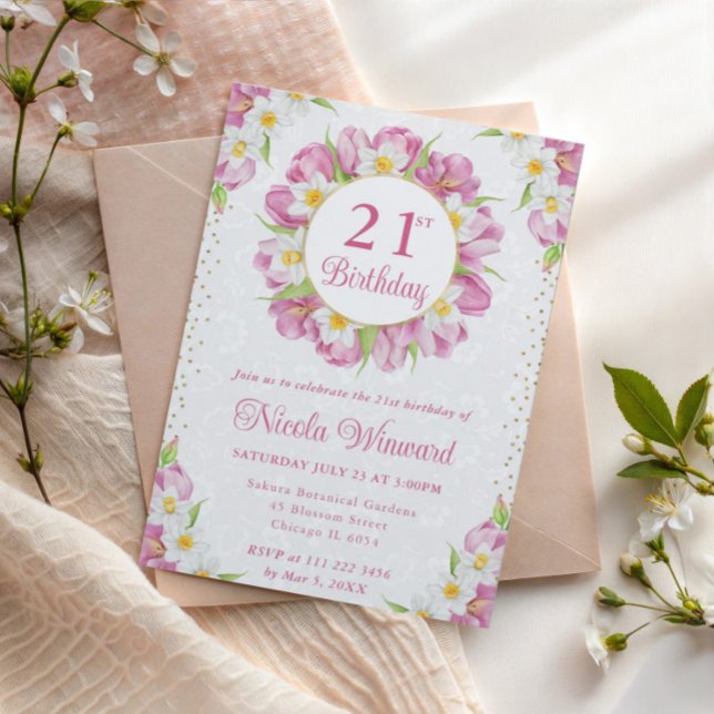 Vattenfärg Tulpaner och Narcisser Födelsedag Inbjudningar (Skapare uppladdad)