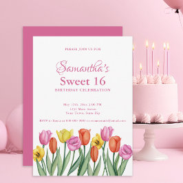 Vattenfärg Tulpaner Sweet 16 Födelsedag  Inbjudningar