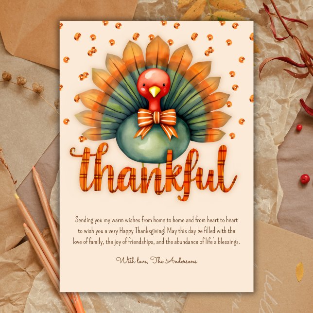 Vattenfärg Turkiet Play-Thanksgiving Julkort (Watercolor Turkey Plaid Thankful Thanksgiving Holiday Card)