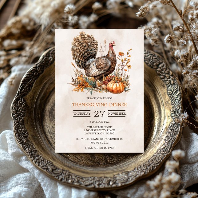 Vattenfärg Turkiets Thanksgiving Middag Inbjudningar (Watercolor Turkey Thanksgiving Dinner Invitation)