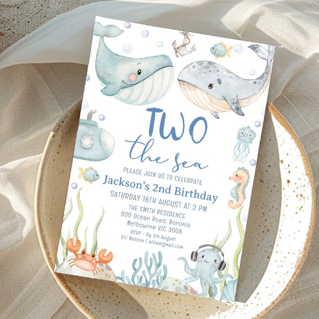 Vattenfärg två valar två Havets andra födelsedag Inbjudningar (Two the Sea 2nd Birthday Invitation, Under the Sea Second Birthday Invite, Sea Creatures Ocean Whale)