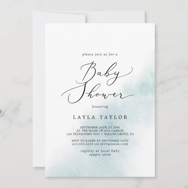 Vattenfärg Tvättar | Blue Baby Shower Inbjudningar (Framsida)