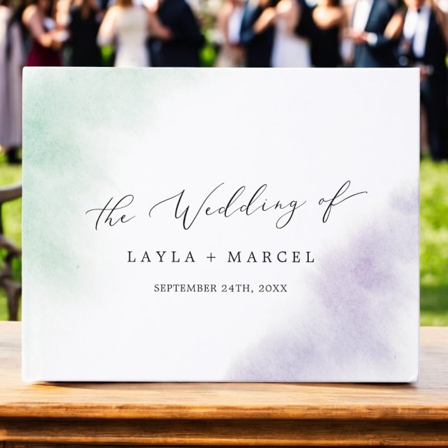 Vattenfärg Tvättar Gröntens Lila  Monogram Bröllop Gästböcker (Watercolor Wash Green Purple Monogram Wedding Guest Book)