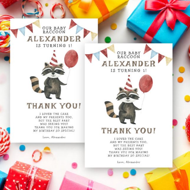 Vattenfärg Tvättbjörn 1-årsdag  Tack Kort (Skapare uppladdad)