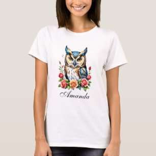 Vattenfärg Uggla med blommor Girly T Shirt