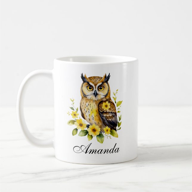 Vattenfärg Uggla med Gula blommor Kaffemugg (Vänster)