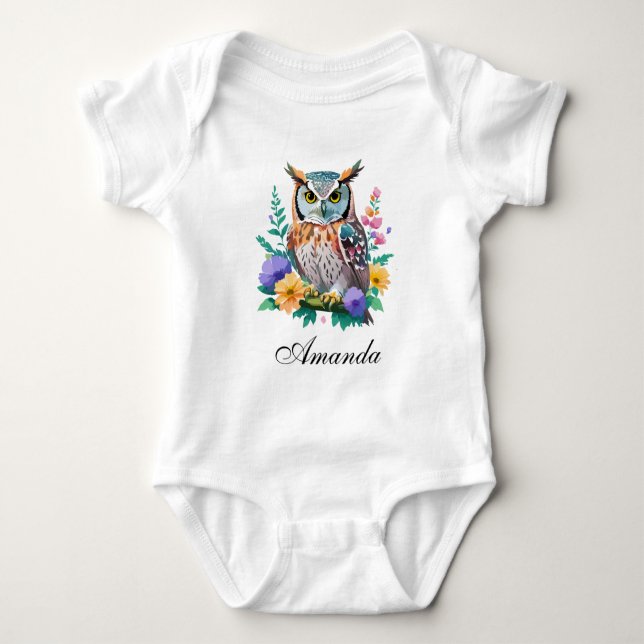 Vattenfärg Ugglor och Färgrika Blommor T Shirt (Framsida)