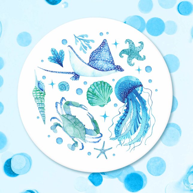 Vattenfärg Under Havsblå jellyfish, Sea Snäcka Underlägg Papper Rund (Watercolor Under the Sea Blue Jellyfish, Sea Shell Round Paper Coaster)