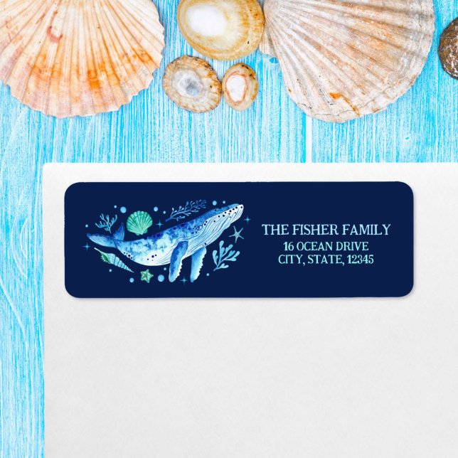 Vattenfärg under Sea Blue Whale-Returadressen Returadress Etikett (Watercolor Under the Sea Blue Whale Return Address Label)