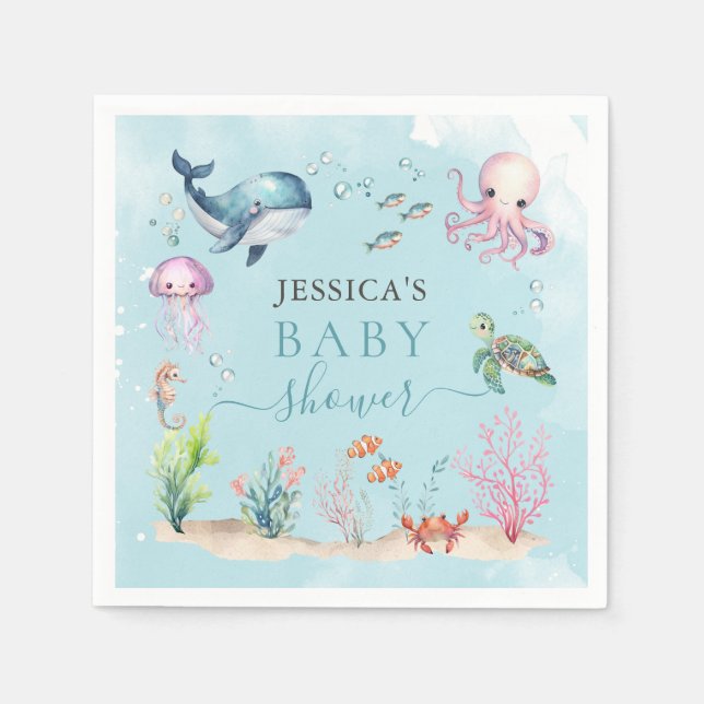 Vattenfärg under Sea Ocean Animals Baby Shower Pappersservett (Framsidan)