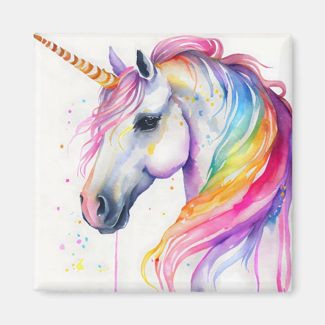 Vattenfärg Unicorn med Rianbow Mane Magnet (Framsidan)