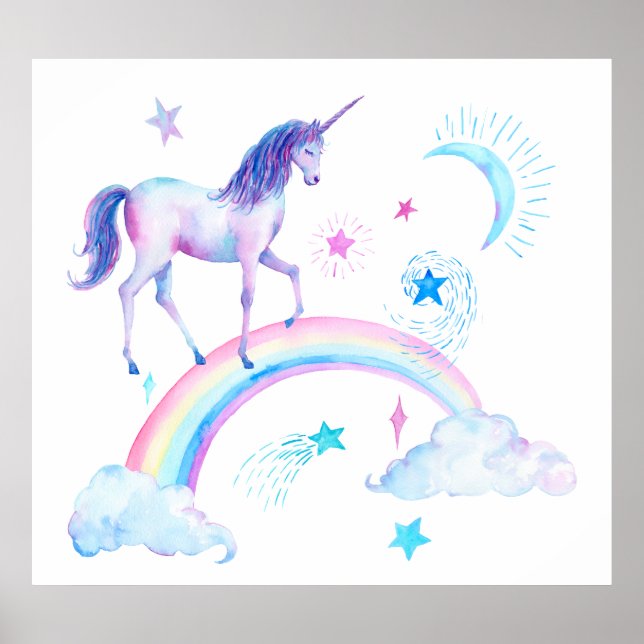 Vattenfärg Unicorn och Rainbow Poster (Framsidan)